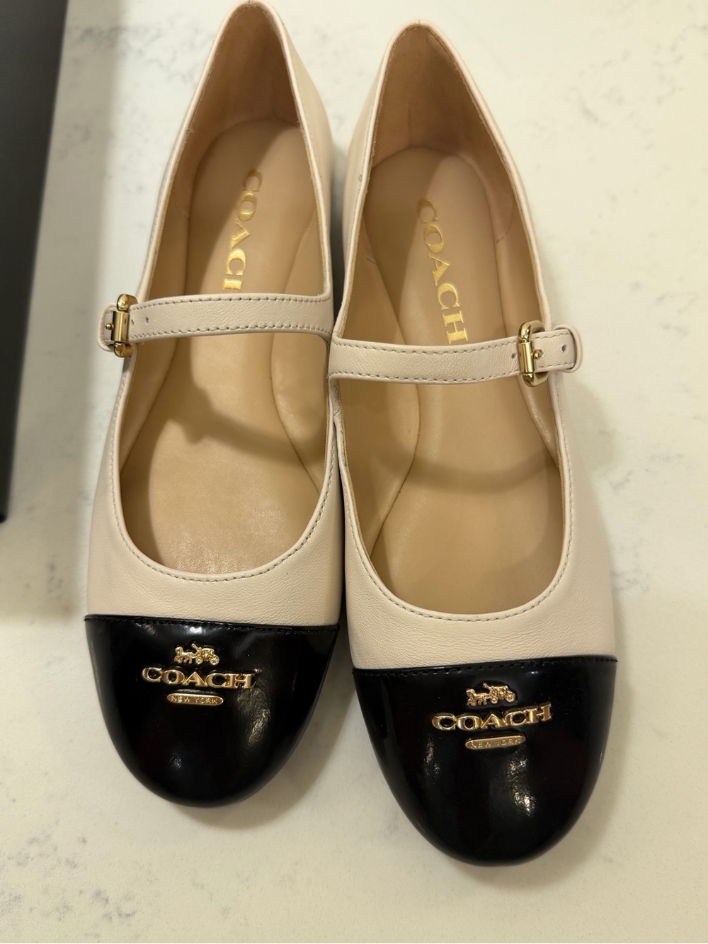 Coach Cream Leather Mary Janes with chalk/Black Patent Cap Toe and Gold Logo - Picture 7 of 11